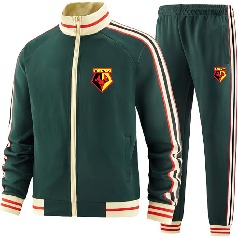 Men's Watford Soccer  Tracksuit with Bold Striped Accents and Zippered Front